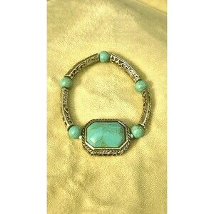 Turquoise Stone Silver Filigree Stretchy Southwestern Bracelet